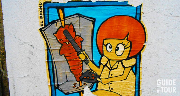 Arte urbana che ritrae un bambina preparando un Kebab, uno dei cibi tipici di Berlino.