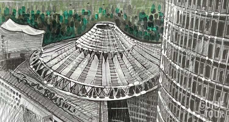 Un disegno dell'architetto Paolo Brasioli che ritrae un vista della Potsdamer Platz.
