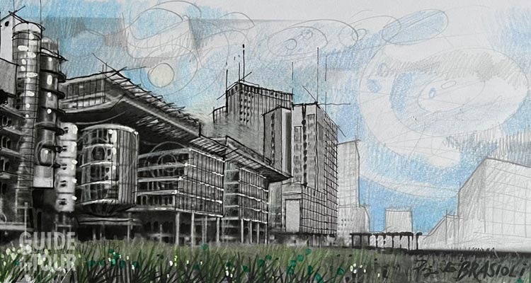 Un disegno dell'architetto Paolo Brasioli che ritrae una vista da sud della Potsdamer Platz.